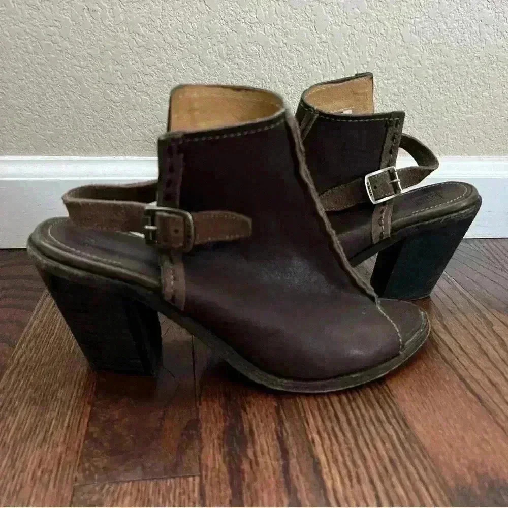 Frye Izzy Artisan Peep Toe Mule Booties Wm Sz 9 B Brown Leather Slingback Sandal